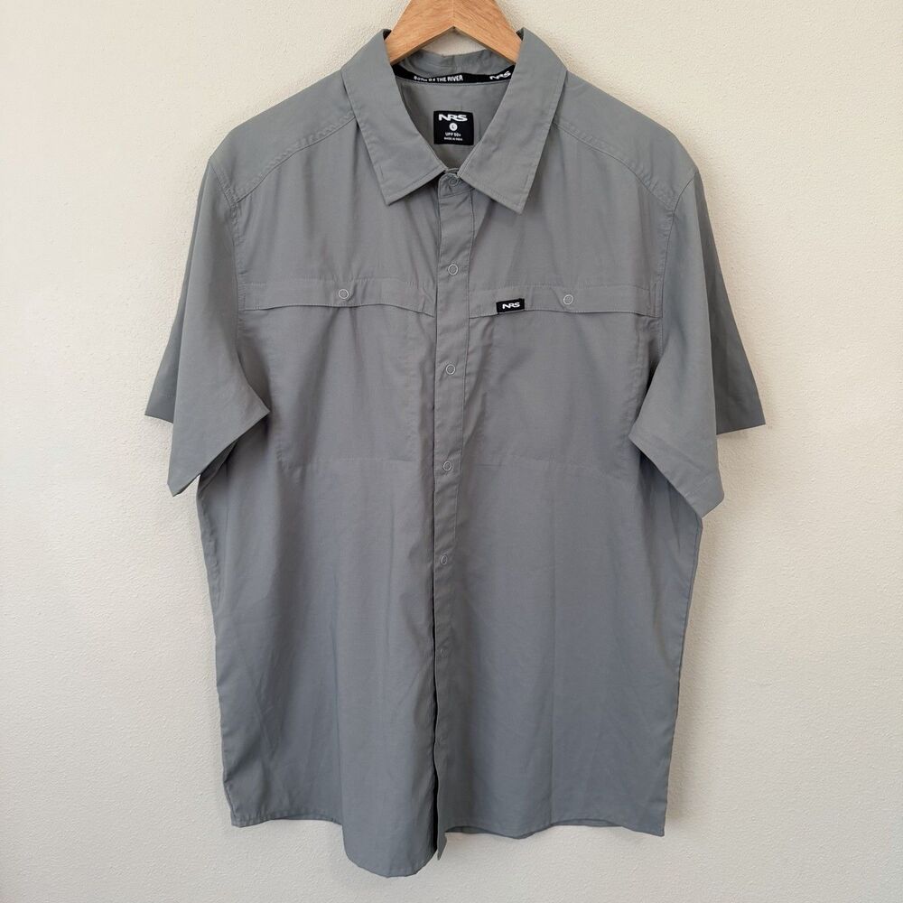 NRS Guide Fishing Shirt Short Sleeve Green Snap Button Stretch Performance UPF L